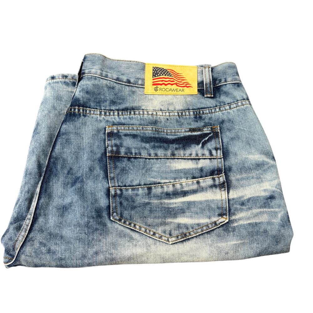 Rocawear Jean Shorts Baggy Fit USA‎ Flag Faded Wash Y2K Mens 50 (50x14 ACTUAL)